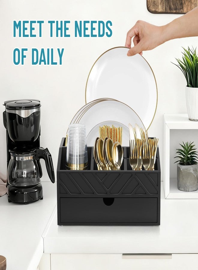 Ukonvi Paper Plate Dispenser with Drawer, Wooden Utensil Holder for Kitchen Accessories, Rustic Paper Plate Holders for Countertop, Large Silverware Caddy Organizer for Napkins, Cups, Forks, Spoons (Black) - Image 5